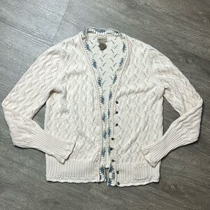 Lace Flower Embroidered Trim Knit Cream‎ Button Front Cardigan Sweater